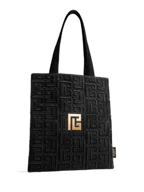 Balmain Large Black Velvet Quilted Tote Bag Gold Logo